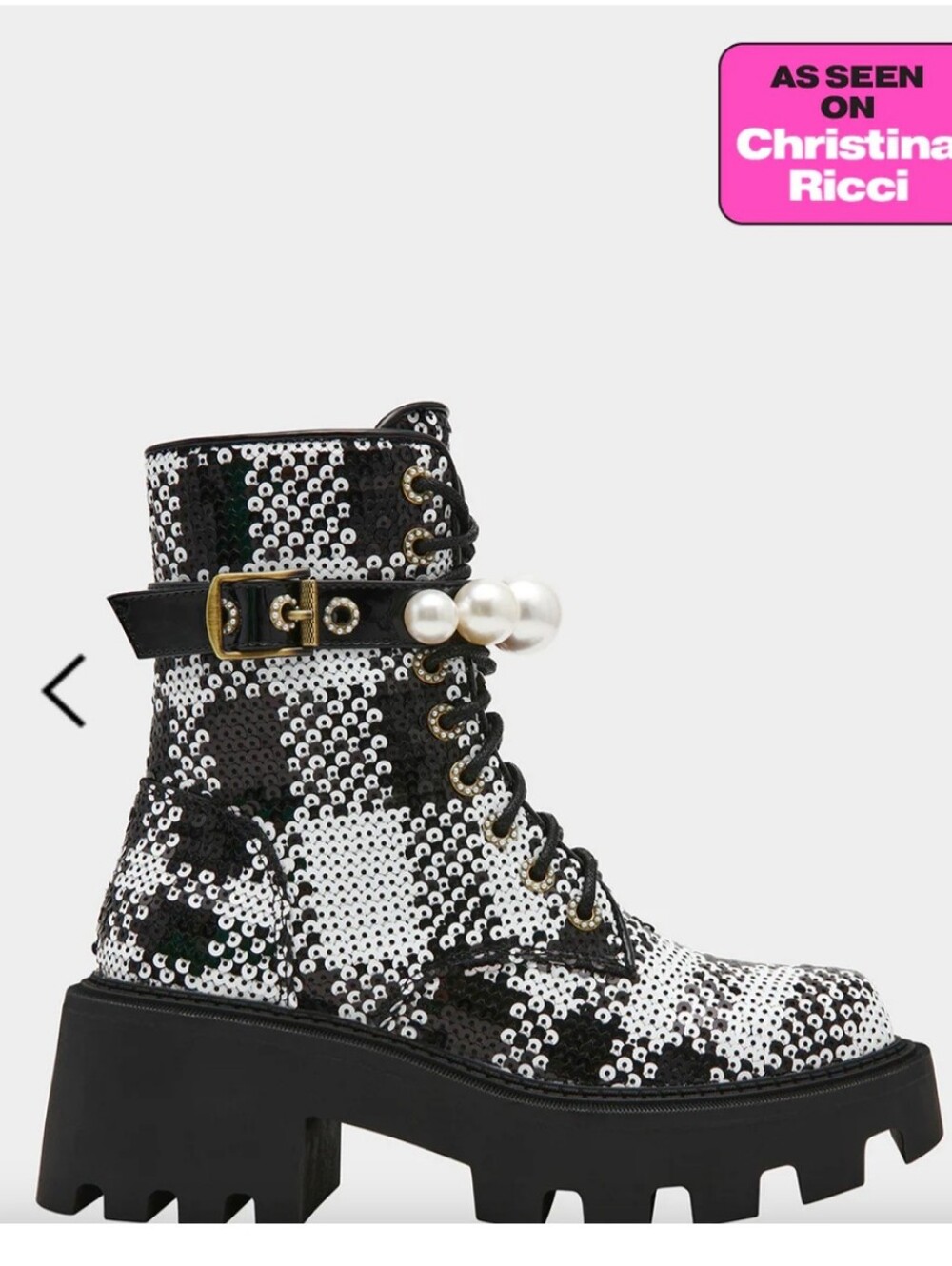 Betsey Johnson - Sequined Black & White Pearl-Strap Platform Combat Boot